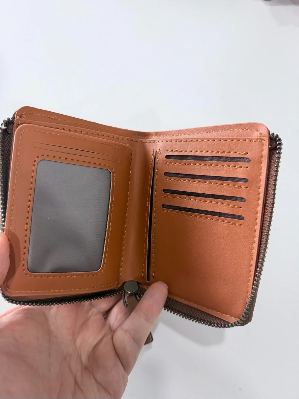Brown Leather Zip Card Wallet with Contrast Stitching